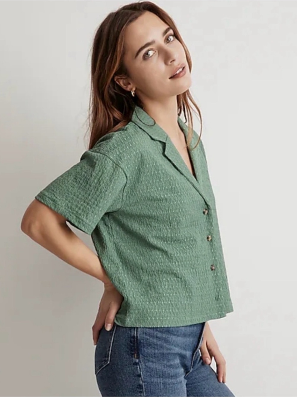 Madewell Trellis Green Short-Sleeve Cropped Button-Down Crinkle Knit - Picture 4 of 4